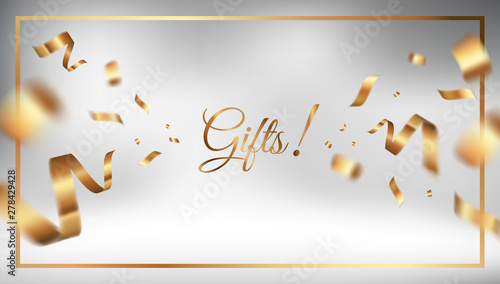 Golden ribbon vector background design with Gifts text and flying confetti of gold. Elegant festive decoration template
