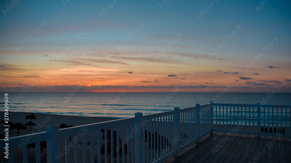 Dawn in the Caribbean Sea. Railing observation deck at sea. Dawn in the Caribbean Sea. Railing observation deck at sea.