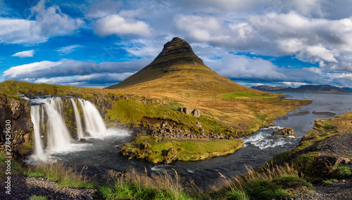 Iceland landmark Kirkjufellsfoss waterfall and mountain