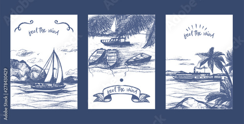 Nautical yacht, sailing boats and ship sketch vector illustration. Yacht vessel hand drawn. Sea and nautical sailing regatta banners. Marine worldwide traveling.