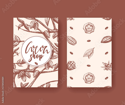 Cocoa vector illustration of superfood two sides flyer. Fruit, leaf and bean engraving. Organic choco healthy food sketch. Chocolate packaging, cacao banner, poster.