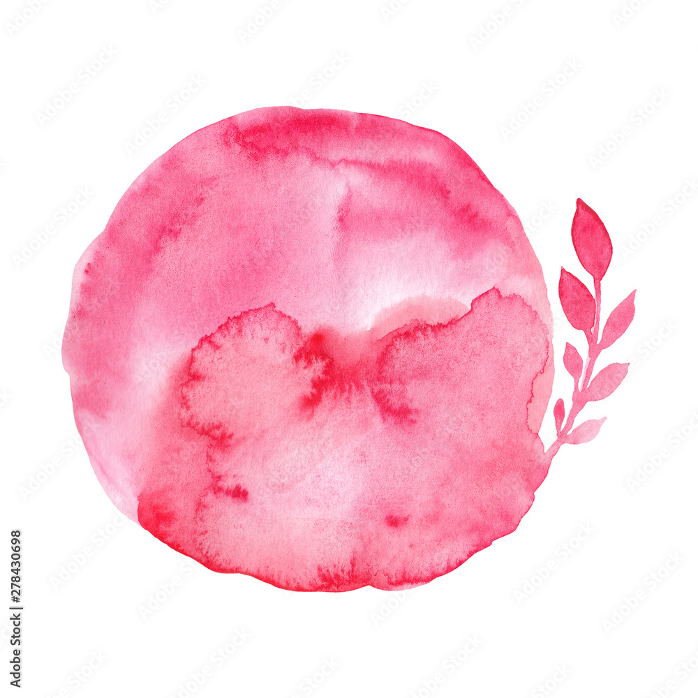 Watercolor background, circle with sprigs in red colors