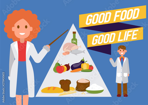 Doctors recommend healthy food vector consultation concept. Medicine illustration of medics pointing on pyramid of healthy food and recommendation of good life.