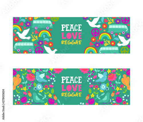 Hippie peace symbol. Peace, love, reggae music vector banner. Colorful background with white doves, rainbow, bus and flowers, symbols of love and pacificsm.