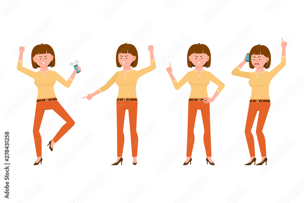 Naklejka premium Angry, stressed, desperate, unhappy brown hair young woman in orange pants vector illustration. Shouting, pointing finger, talking on phone girl cartoon character set on white background