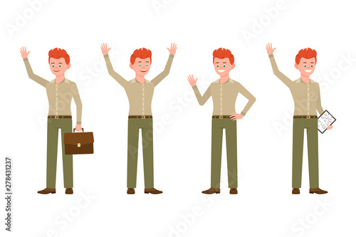 Happy, smiling, handsome red hair young office man in green pants vector illustration. Waving, saying hello, hands up, standing with notes boy cartoon character set on white background