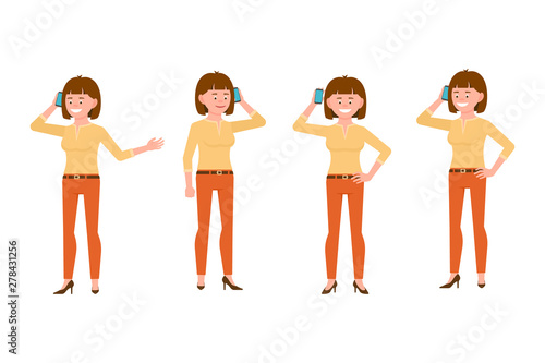 Happy, smiling, brown hair young woman in orange pants vector illustration. Calling, talking on phone, standing girl cartoon character set on white background