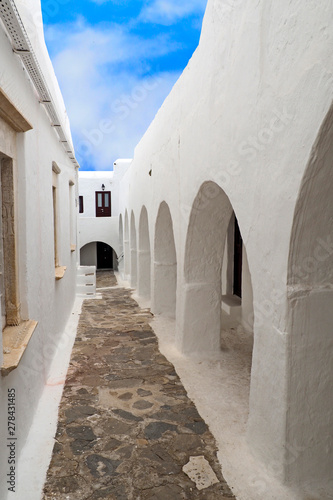 famous Panagia Tourliani Monastery, in the village of Ano Mera, in the center of Mykonos, beautiful Cycladic island in the heart of the Aegean Sea