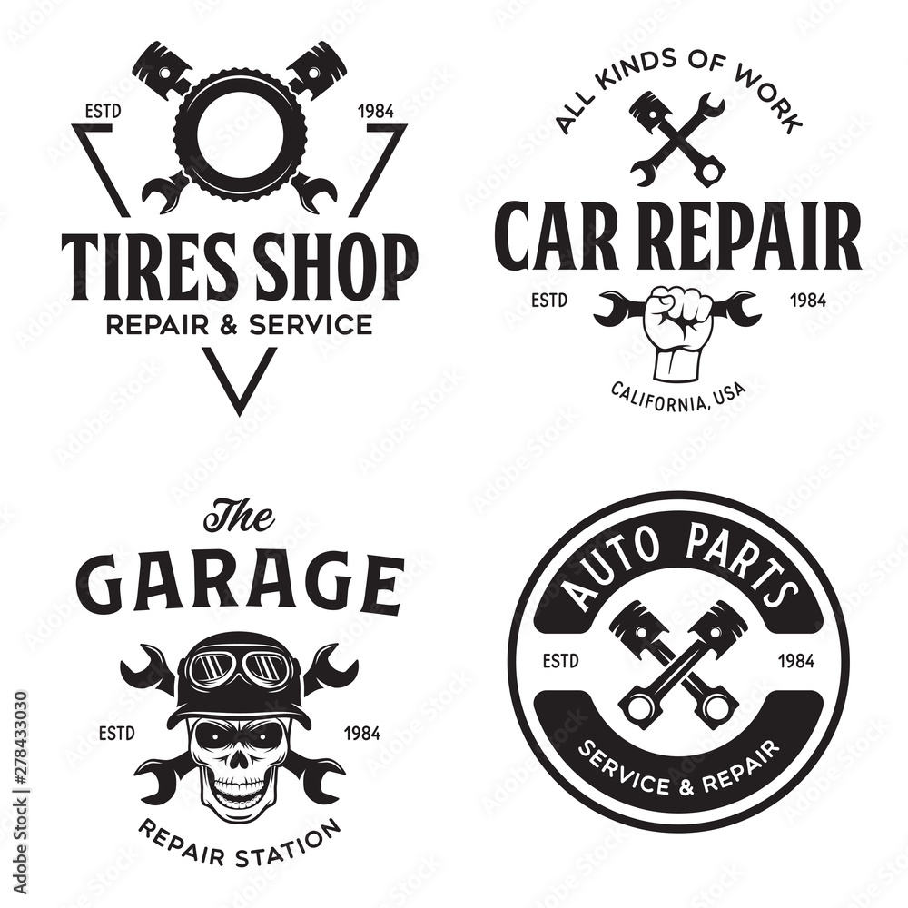 Fototapeta premium Set of vintage monochrome car repair service templates of emblems, labels, badges and logos. Service station auto parts tires shop mechanic on duty.