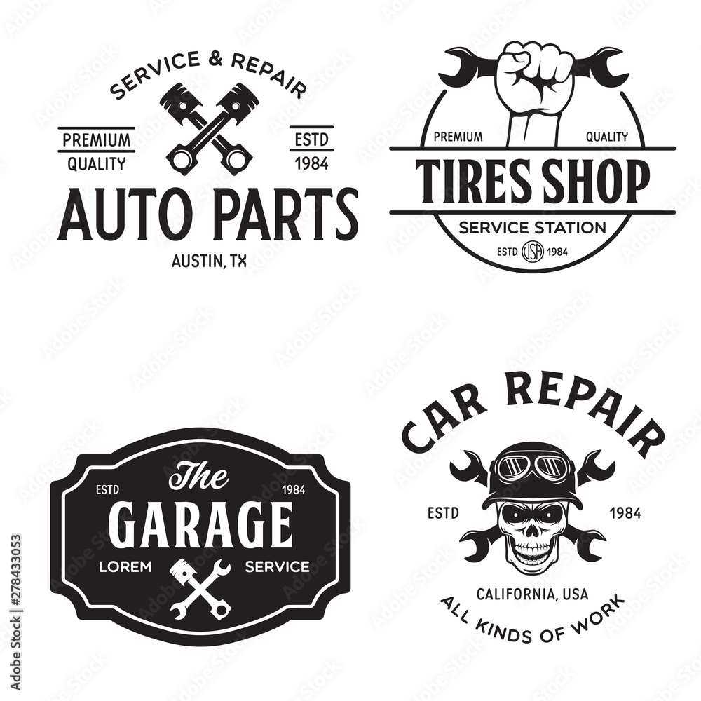 Vetor de Set of vintage monochrome car repair service templates of