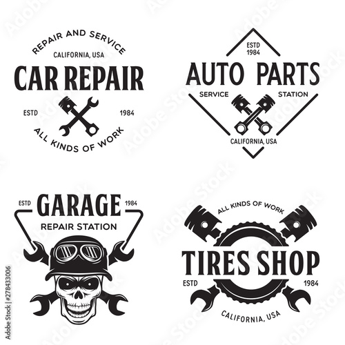 Set of vintage monochrome car repair service templates of emblems, labels, badges and logos. Service station auto parts tires shop mechanic on duty.