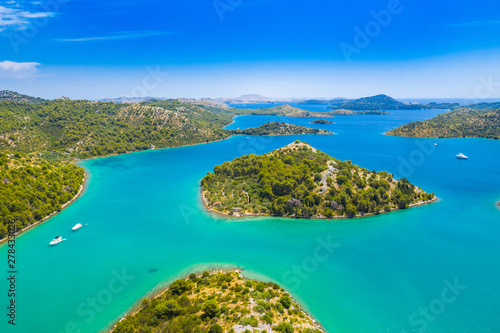 Aerial view of the blue bay and small islands in nature park Telascica, Croatia, Dugi otok island