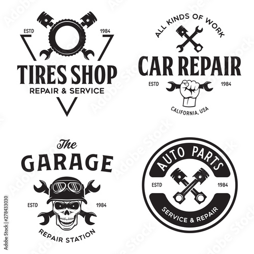 Set of vintage monochrome car repair service templates of emblems, labels, badges and logos. Service station auto parts tires shop mechanic on duty.