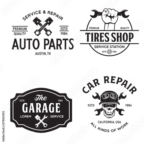 Set of vintage monochrome car repair service templates of emblems, labels, badges and logos. Service station auto parts tires shop mechanic on duty.