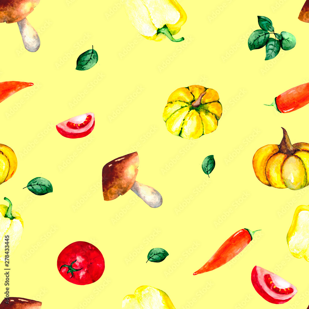 Watercolor pattern with fresh vegetables: tomatoes, peppers, pumpkins and fresh Basil. Bright illustration for Wallpaper, textiles, packaging and backgrounds on the theme of fresh food. Watercolor pattern with fresh vegetables: tomatoes, peppers, pumpkins and fresh Basil. Bright illustration for Wallpaper, textiles, packaging and backgrounds on the theme of fresh food.