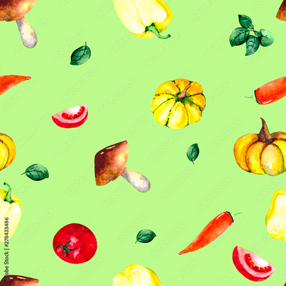 Watercolor pattern with fresh vegetables: tomatoes, peppers, pumpkins and fresh Basil. Bright illustration for Wallpaper, textiles, packaging and backgrounds on the theme of fresh food. Watercolor pattern with fresh vegetables: tomatoes, peppers, pumpkins and fresh Basil. Bright illustration for Wallpaper, textiles, packaging and backgrounds on the theme of fresh food.