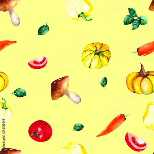 Fototapeta Naklejka Na Ścianę i Meble -  Watercolor pattern with fresh vegetables: tomatoes, peppers, pumpkins and fresh Basil. Bright illustration for Wallpaper, textiles, packaging and backgrounds on the theme of fresh food.