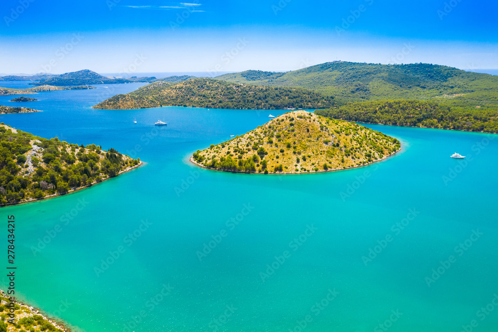 Aerial view of the blue bay and small islands in nature park Telascica, Croatia, Dugi otok island