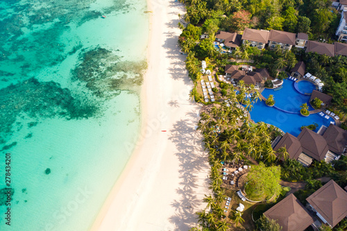 Beautiful Punta Bunga Beach on Boracay island, Philippines.Hotels near the beach in sunny weather. The coast of the island of Boracay for tourists.