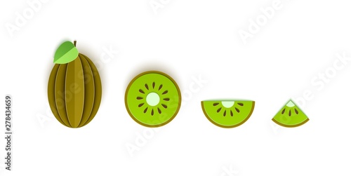 Set of kiwi sliced paper citrus fruit sliced whole triangular and round slices, design for any purpose. Summer green kiwifruit juicy food. Vector card 3d illustration. Tropical papercraft layers fruit