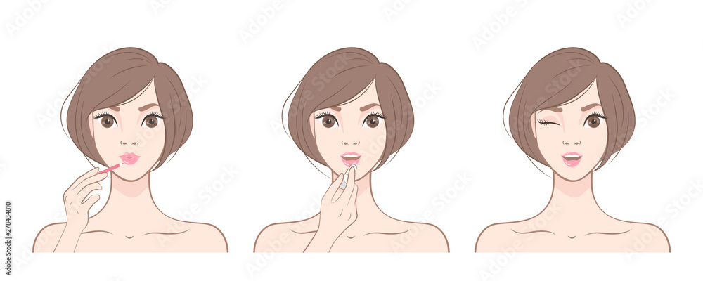 Beautiful woman. Make up. Happy girl applying lipstick on her lips. Vector illustration Beautiful woman. Make up. Happy girl applying lipstick on her lips. Vector illustration