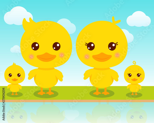 The lovely duck family lives by the river