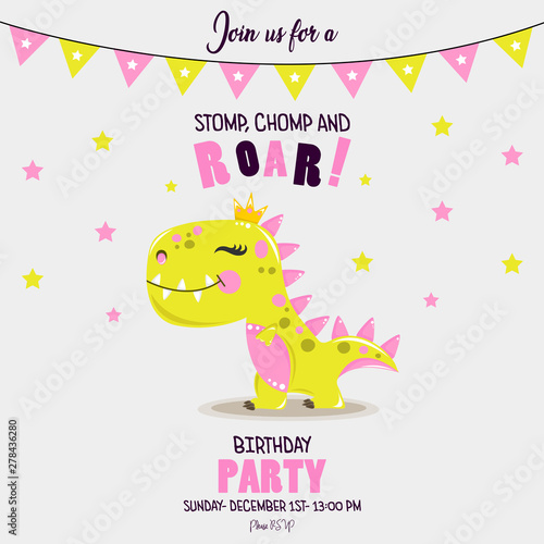 Cute baby girl dinosaur. Birthday invitation