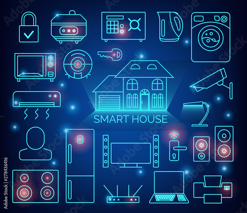 Smart home automation vector background. Connected smart home devices like phone, smart watch, tablet, sensors, appliances. Network of connected devices with flat design.