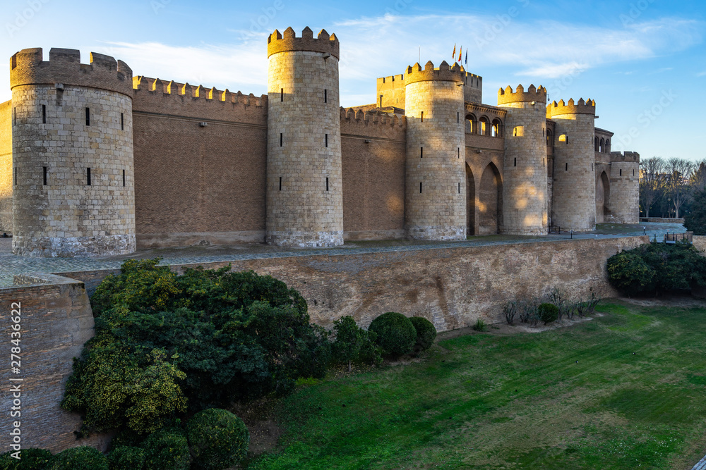 Exterior facade of  Aljaferia Palace in Zaragoza, and UNESCO World Heritage Site, built in 11th century during Islamic domination of the Spain