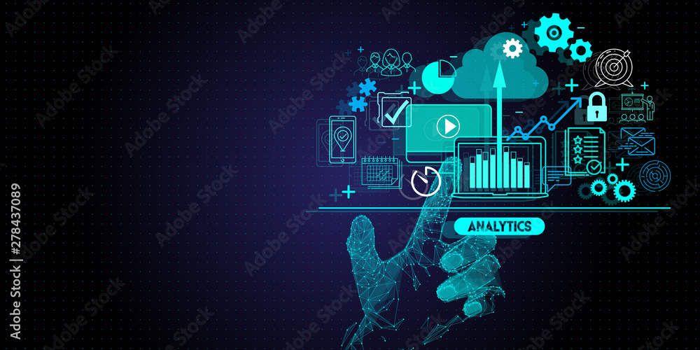 Low polygon hand touching Business data analytics process management with KPI financial charts and graph and automated marketing dashboard.