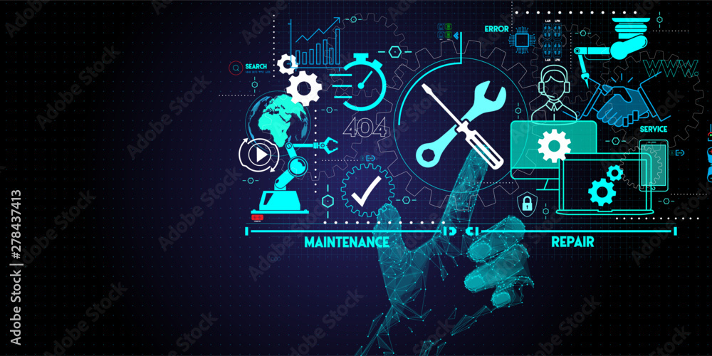 Low polygon hand touching Maintenance and repair about assistance and servicing of equipments.