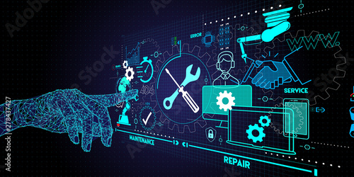 Obraz na płótnie Low polygon hand touching Maintenance and repair about assistance and servicing of equipments. w salonie