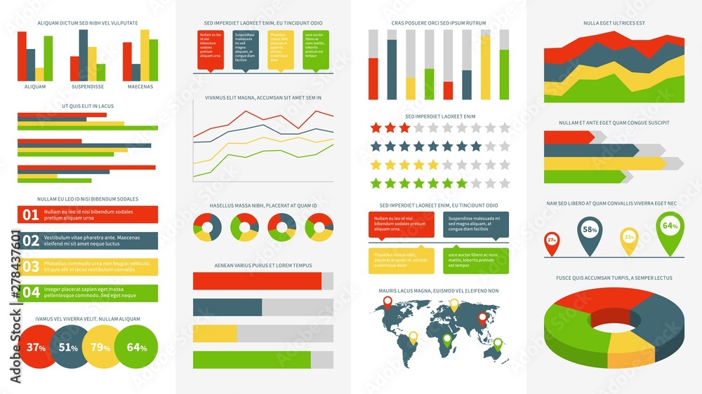 Infographics elements. Info charts, diagrams and graphs. Flowchart and timeline for business report presentation vector infographic