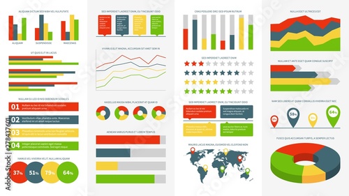 Infographics elements. Info charts, diagrams and graphs. Flowchart and timeline for business report presentation vector infographic