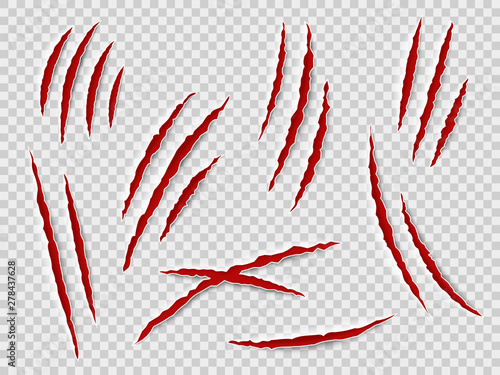 Claws scratches. Animal claw tracks, cat or tiger, bear or lion attack nails scratches. Thriller horror, halloween monster vector set