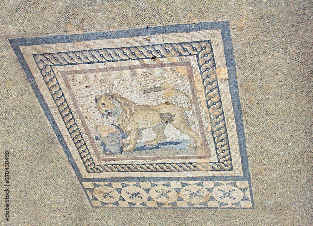 Archaeological remains with decorative tile floors in a hillside house on the slopes of the ancient city ruins of Ephesus, Turkey near Selcuk.