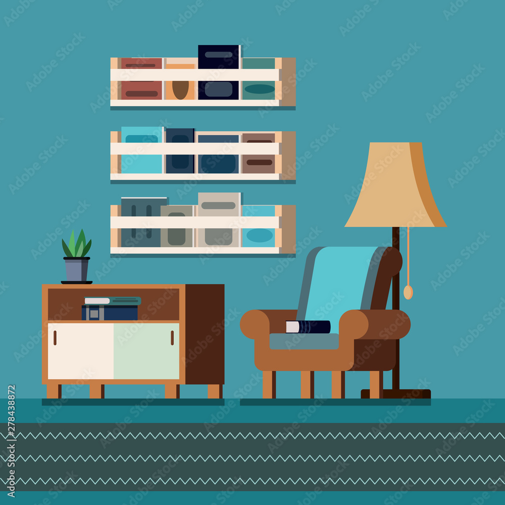 Fototapeta premium Cozy home library room interior background with book shelves, curbstone, lamp, plant, books, armchair, carpet