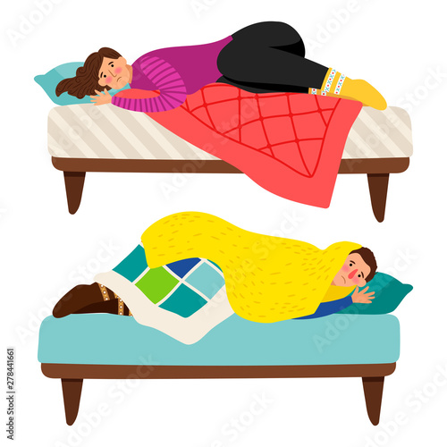 Depressed woman and man in bed - depression vector concept. Illustration of woman and man depression, problem sadness