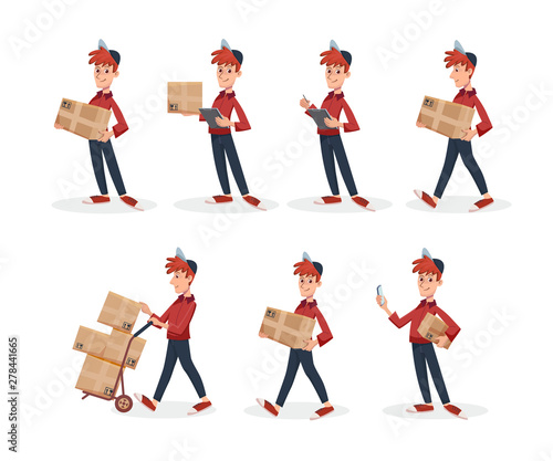SET of Delivery man with cardboard parcel box in different poses. Fast Delivery service concept by courier. Vector cartoon character illustration
