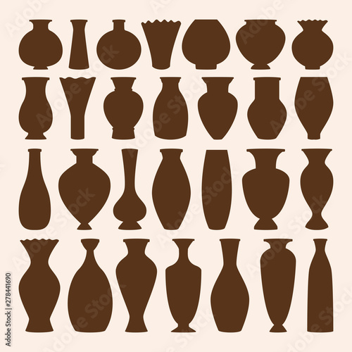Ancient bowls icons vector collection. Vase and amphora. Ancient pottery for museum. Vector illustration