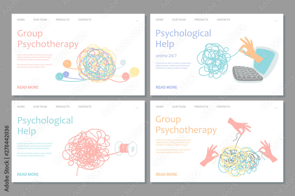 Psychotherapy landing page template. Vector psychological help web banners design. Illustration of support and consultation psychological, psychotherapy web page - obrazy, fototapety, plakaty 