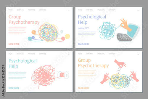 Psychotherapy landing page template. Vector psychological help web banners design. Illustration of support and consultation psychological, psychotherapy web page