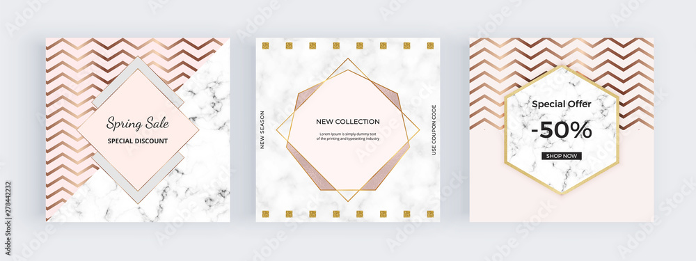 Naklejka premium Fashion promotion social media banners with geometric design, triangular, golden polygonal lines on the marble texture. Modern background for wedding invitation, card, flyer, poster, save the date