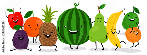 Cute kawaii fruits characters vector set. Happy fruits illustration. Pear and orange, apple and pineapple, plum and watermelon