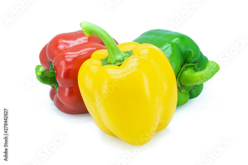 Yellow, Red, Green, bell pepper or sweet pepper or capsicum isolated on white background with clipping path..