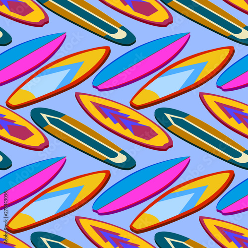 Stand Up Paddle Boarding SUP surfing cartoon elements cute seamless pattern vector illustration with different supboards on a blue background EPS