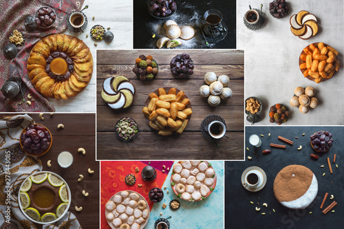 Collage showing Arabian sweets. Arabian cuisine. Ramadan food background photo