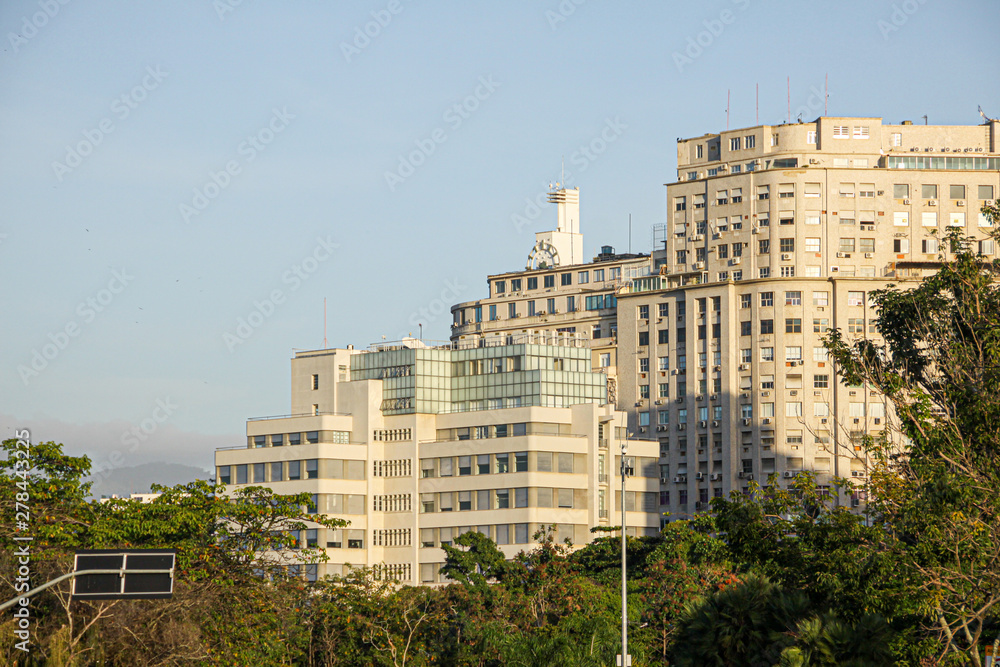 building in the center of Rio de Janeiro during the morning with a blue background sky.