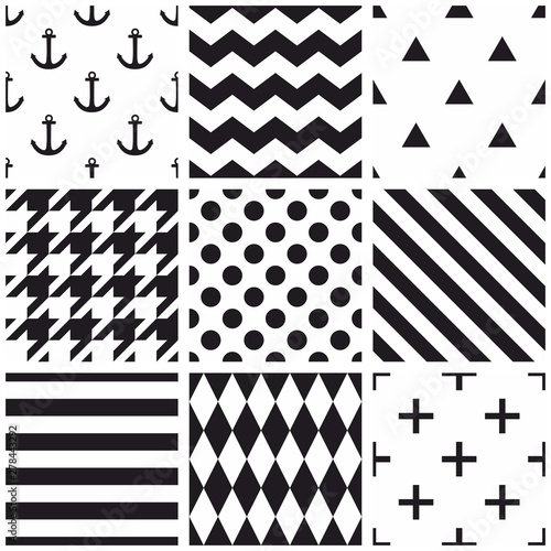 Tile black and white vector pattern set with polka dots, hounds tooth, zig zag and stripes background
