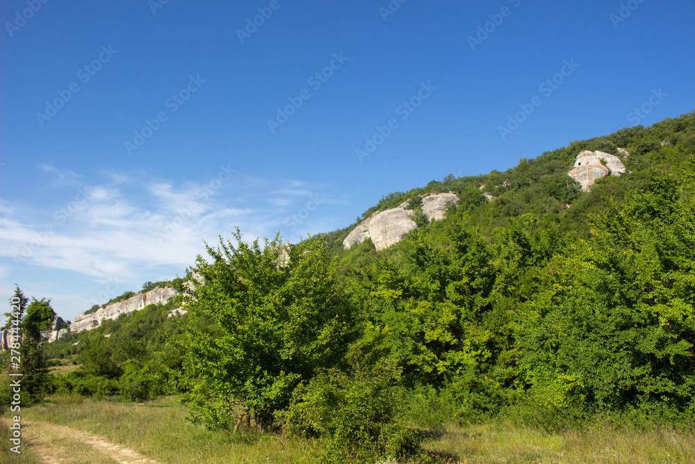 The road to the mountains. The gorge. Crimean mountains. Travel in the summer in interesting natural landscapes. Rock formations